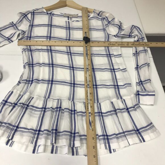 LOFT Top Womens XS Blue White Plaid Peplum Roll Tab Long Sleeve Round Neck - Picture 9 of 11
